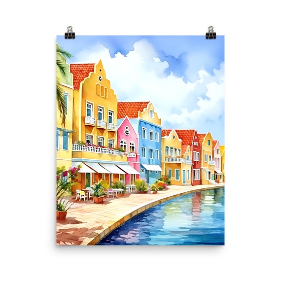 Willemstad Watercolor Print, Curacao Travel Poster