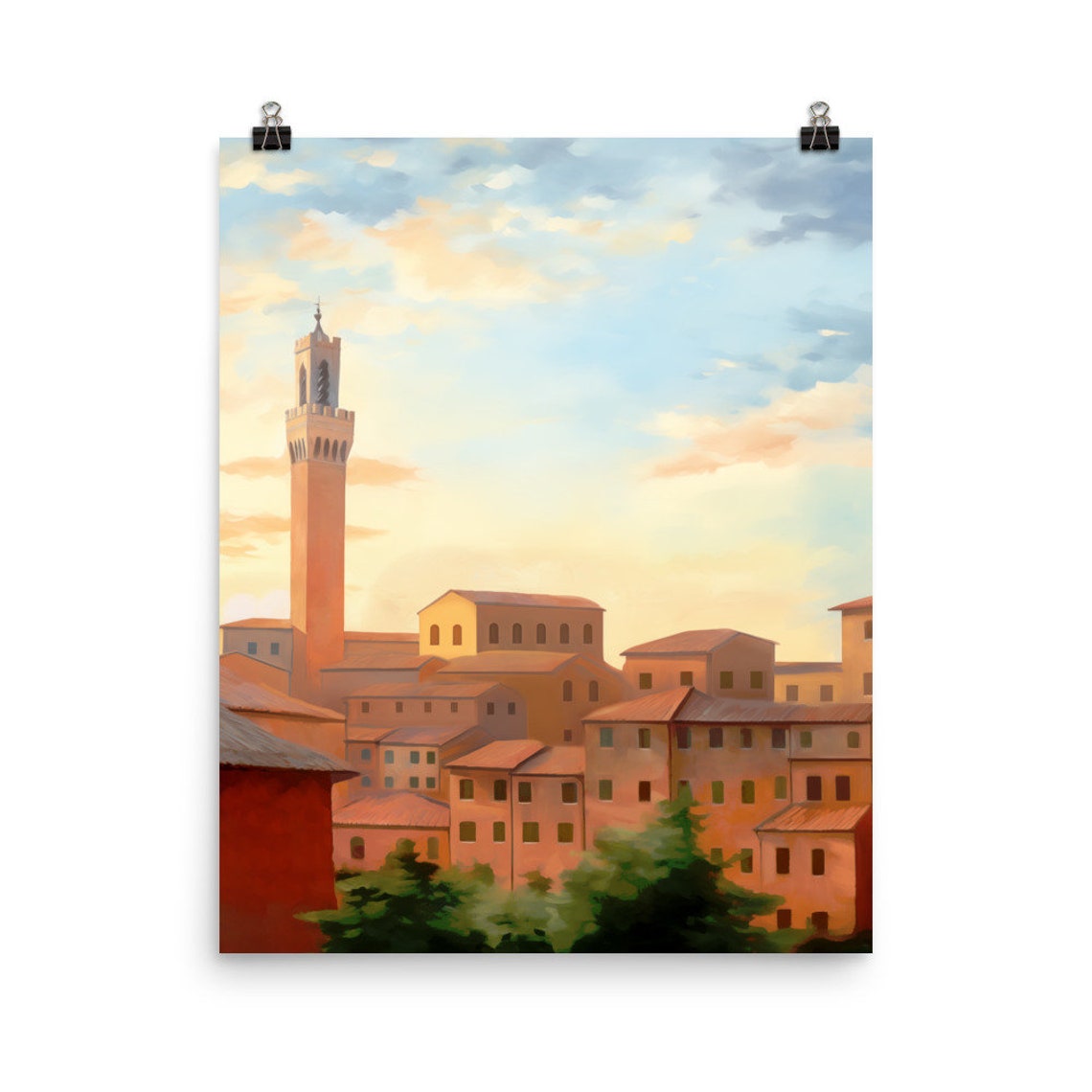 Siena Terracotta Rooftops and Torre del Mangia Watercolor Poster