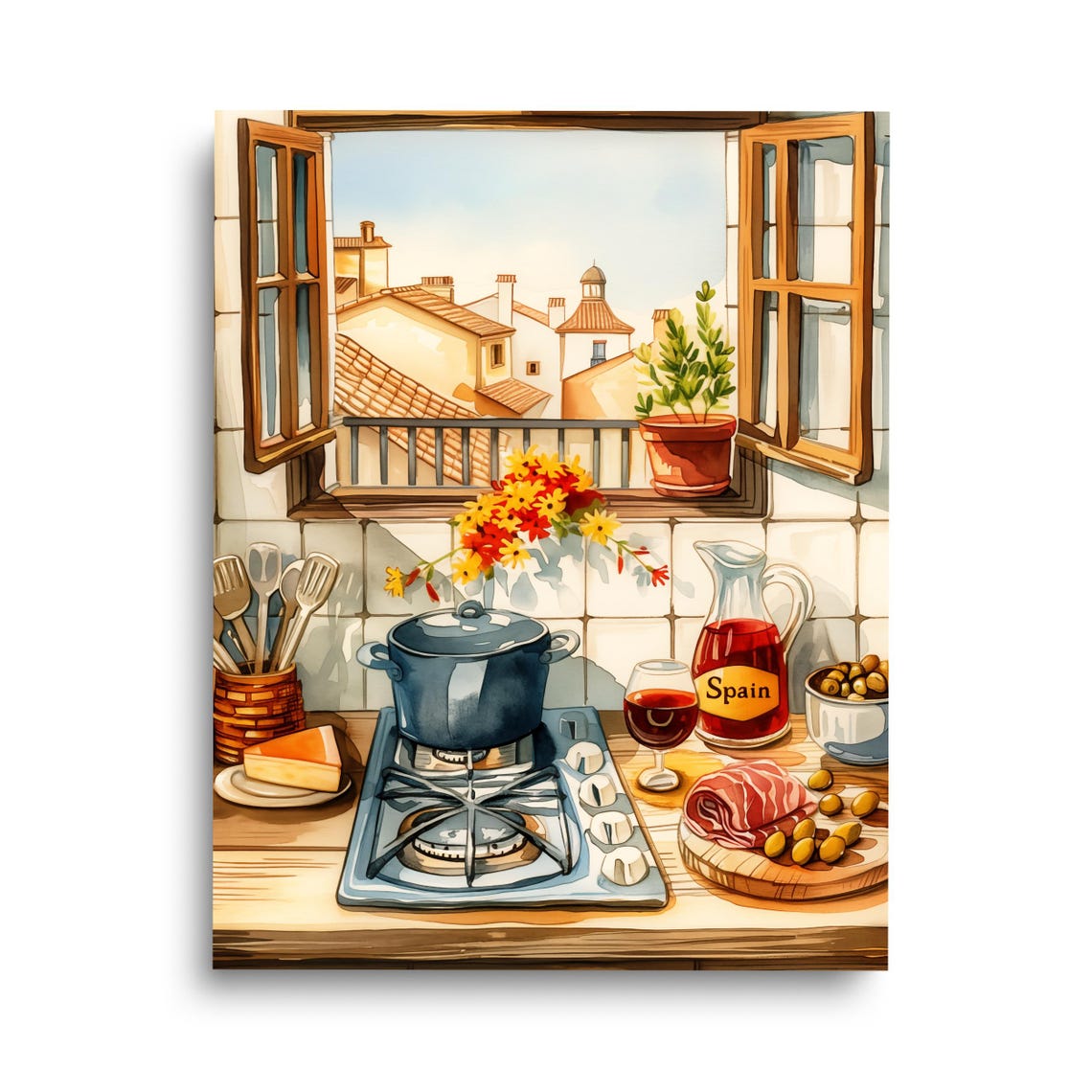 Spanish Kitchen Tapas Sangria Table Watercolor Food Art Poster