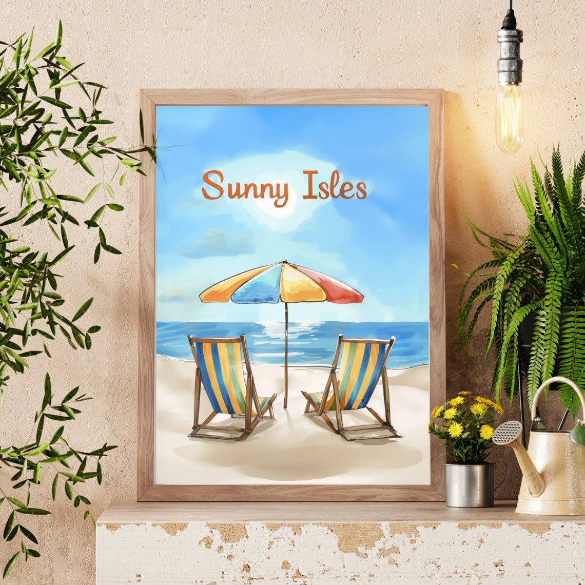 Sunny Isles Striped Beach Chairs and Umbrella Ocean View Poster - Image 3