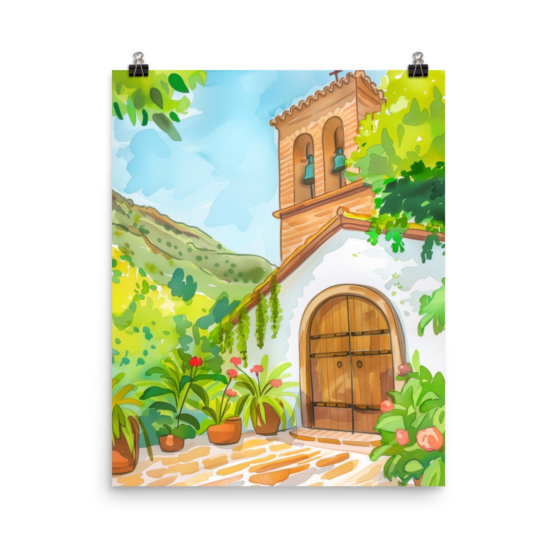 Mijas White Church with Bell Tower and Geranium Flower Pots Poster