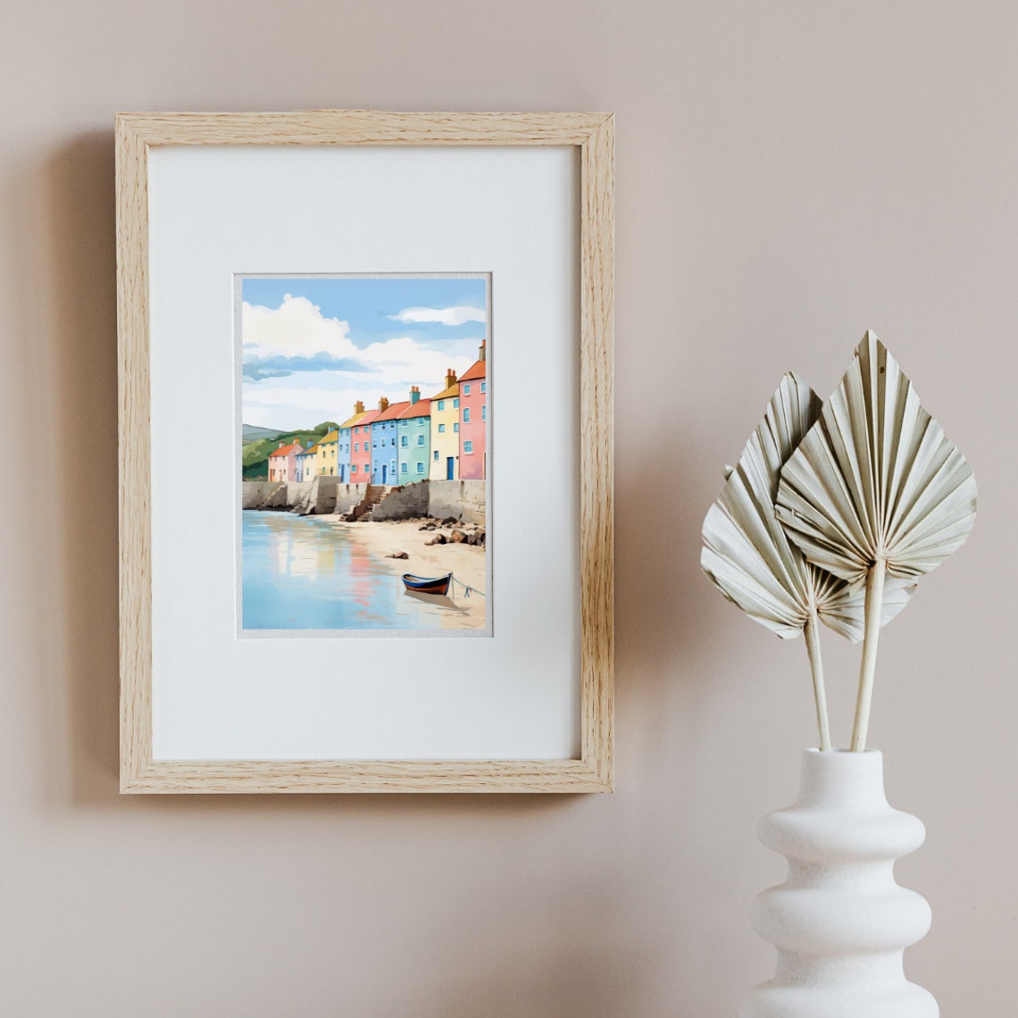 New Quay Colorful Seafront Houses with Rowboat Watercolor Art Poster - Image 2