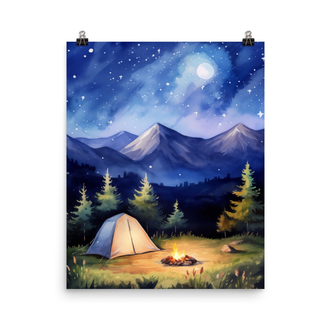 Colorado Watercolor Print, Rocky Mountains Campfire Poster