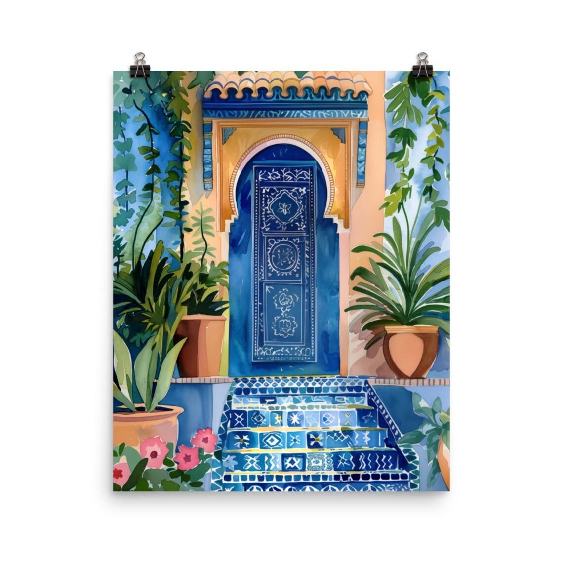 Moroccan Ornate Blue Door Watercolor Art Print