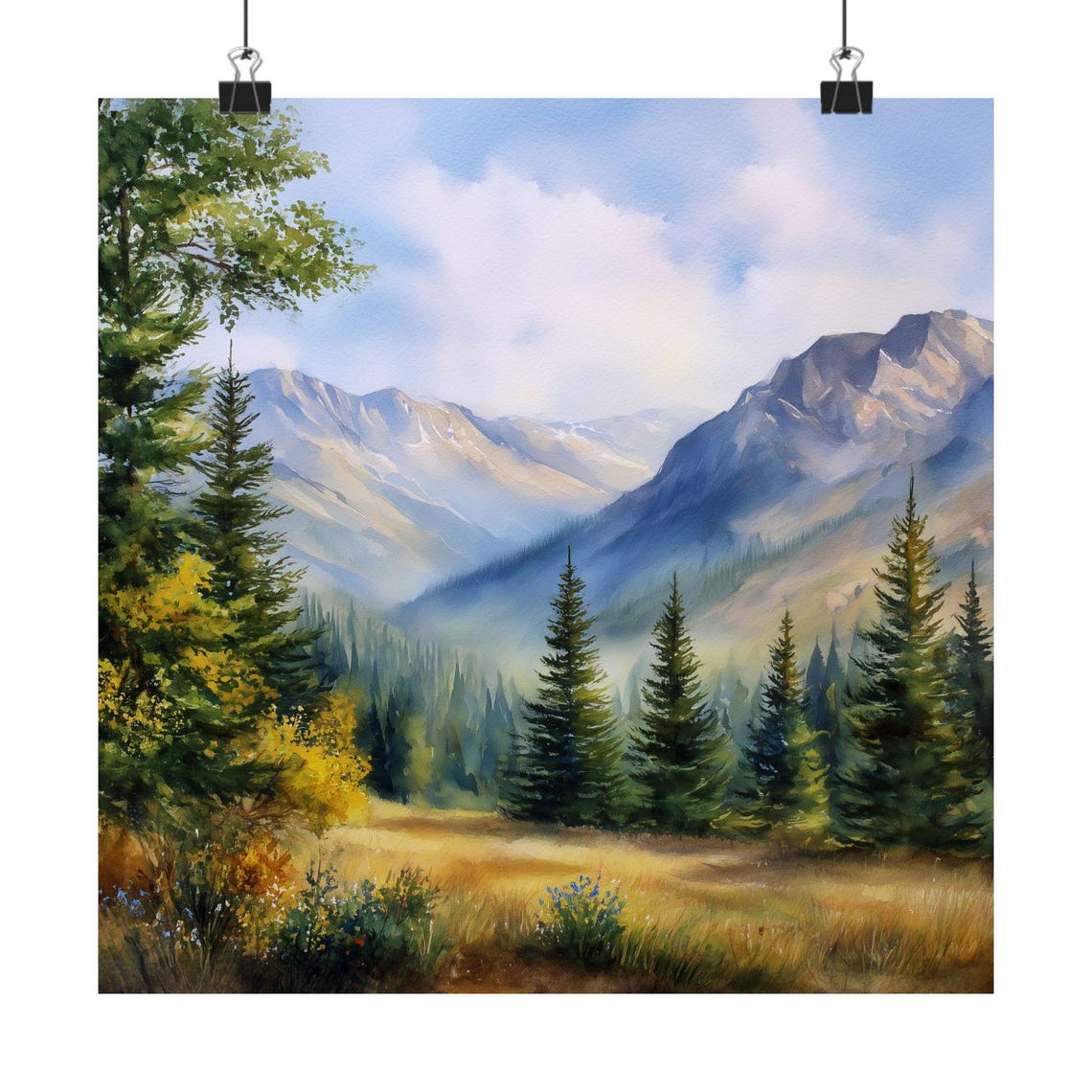 Colorado Mountain Meadow Watercolor Poster With Pine Forest Valley