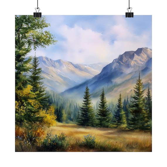 Colorado Mountain Meadow Watercolor Poster With Pine Forest Valley