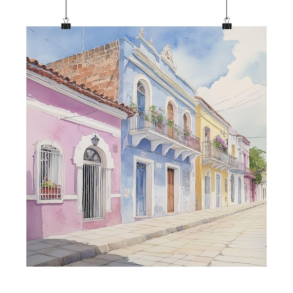 Barranquilla Colonial Street Watercolor Poster With Colorful Caribbean Homes