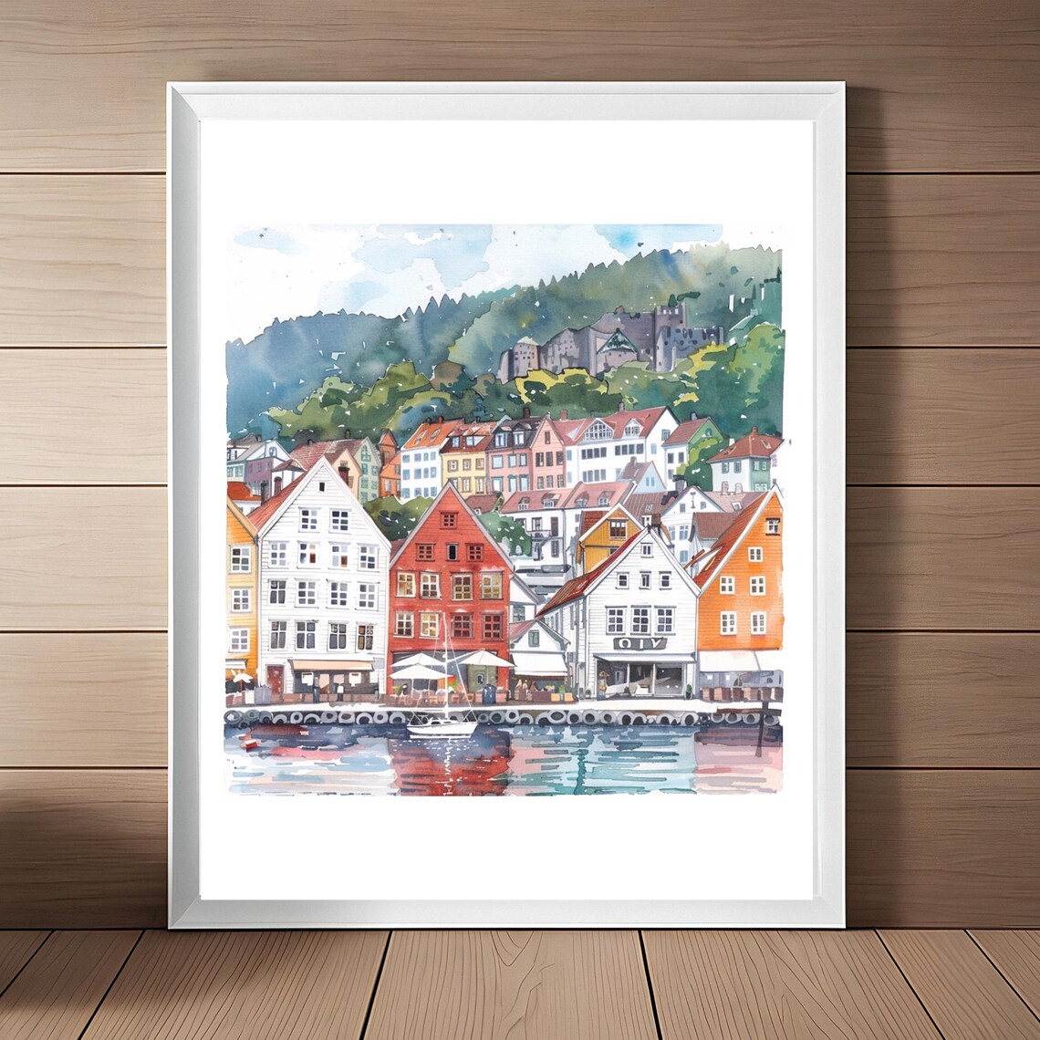 Bergen Norway Watercolor Travel Poster, European Cityscape