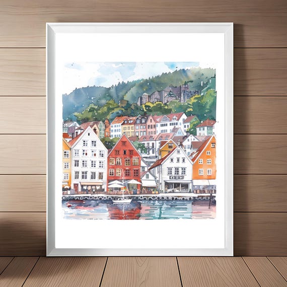 Bergen Norway Watercolor Travel Poster, European Cityscape