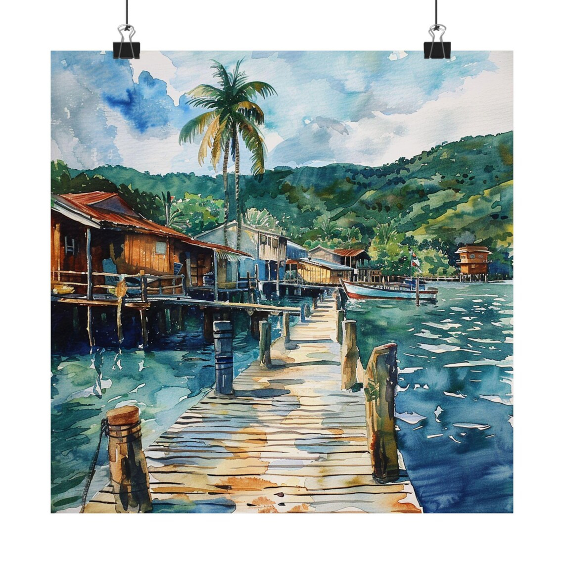 Roatan Watercolor Travel Poster, Coastal Seascape
