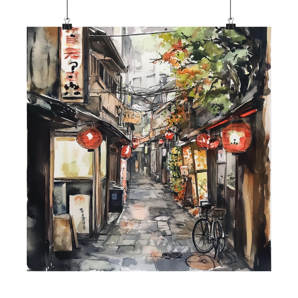Tokyo Shinjuku Lantern Alley Night Watercolor Cityscape Poster