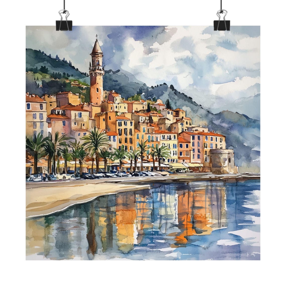 Menton Painting French Riviera Art Print Mediterranean Seascape Coastal France Basilique Saintmichel Medieval Old Town Travel Poster