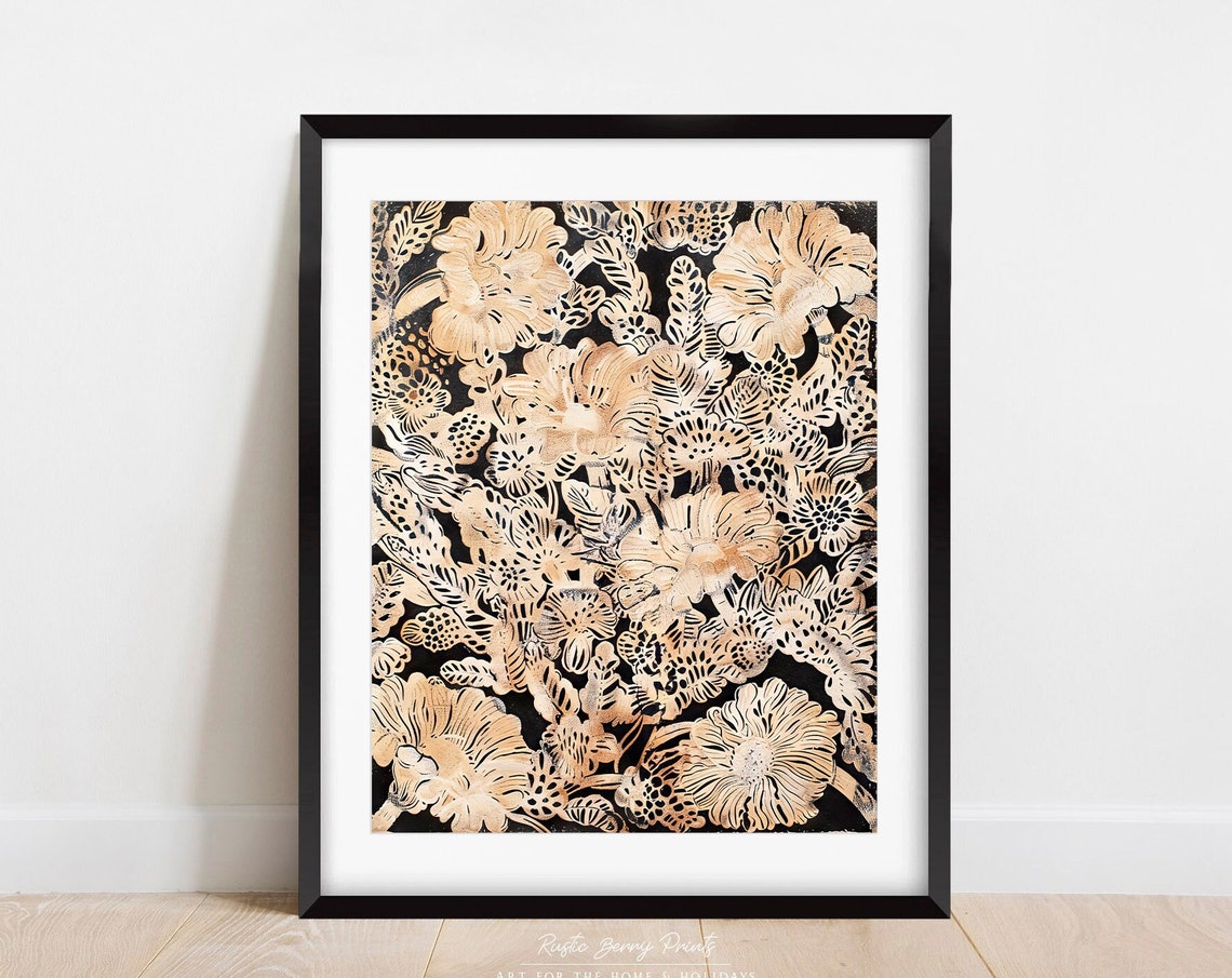 Gold Botanical Block Print On Black Elegant Floral Pattern Art Poster
