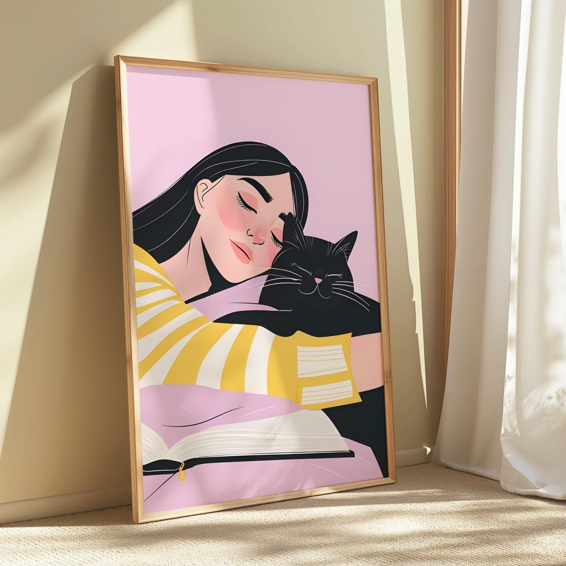Black Cat Girl Reading With Book Pink Japanese Illustration Poster - Image 2