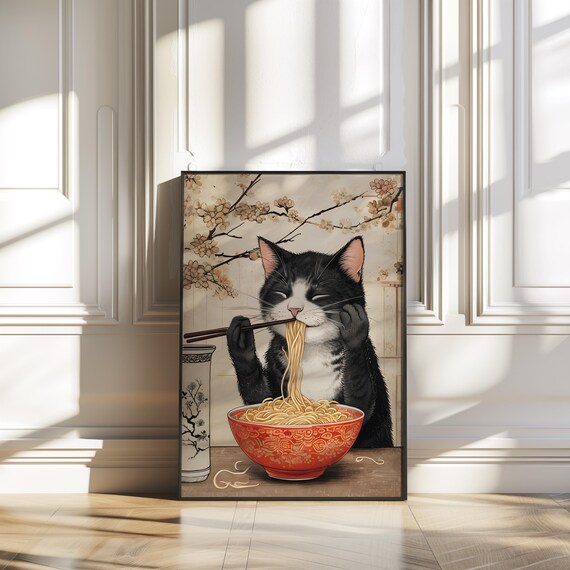 Black And White Cat Slurping Ramen Red Bowl Kawaii Art Poster