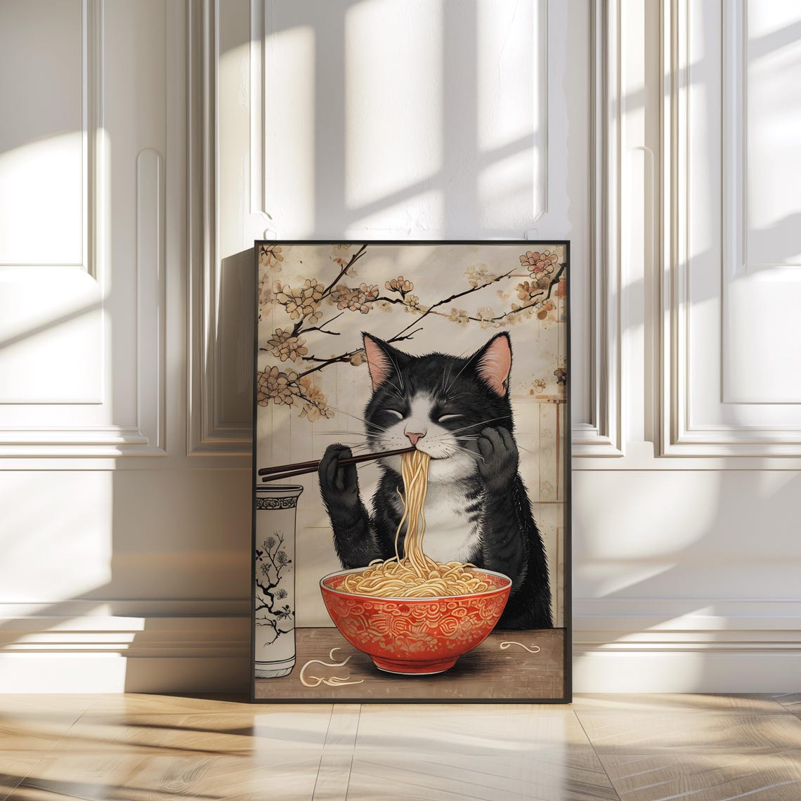 Black And White Cat Slurping Ramen Red Bowl Kawaii Art Poster