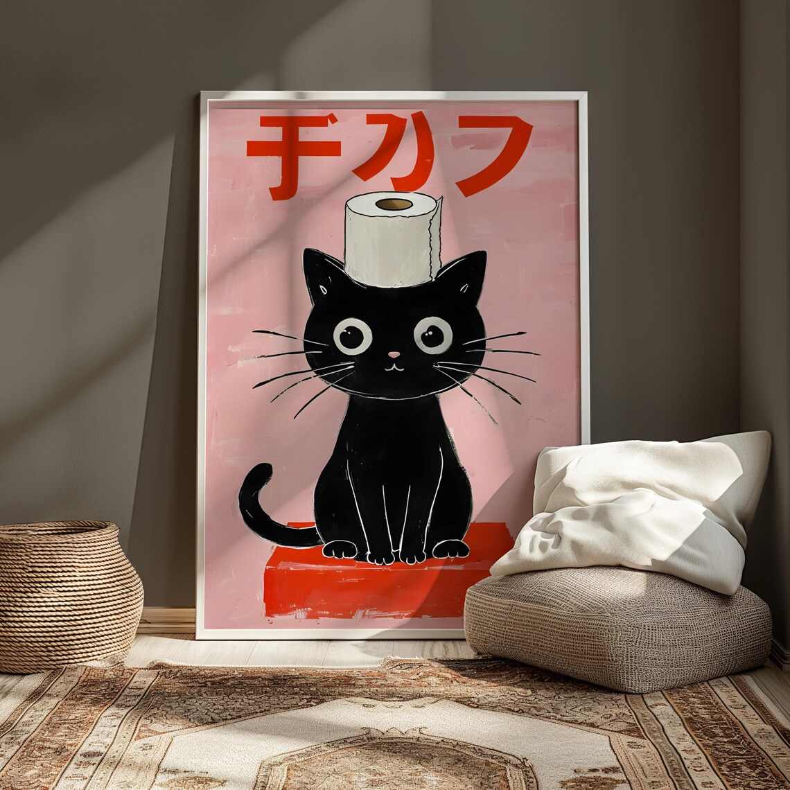 Black Cat Toilet Paper Hat Pink Japanese Funny Bathroom Art Poster - Image 4