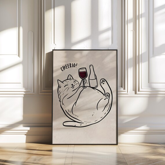 Cheerio Cat Lounging With Red Wine Bottle Funny Line Art Poster