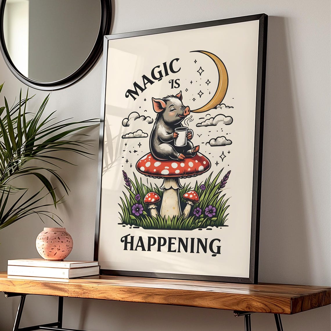 Piglet On Mushroom Magic Is Happening Moonlight Whimsy Art Poster - Image 2