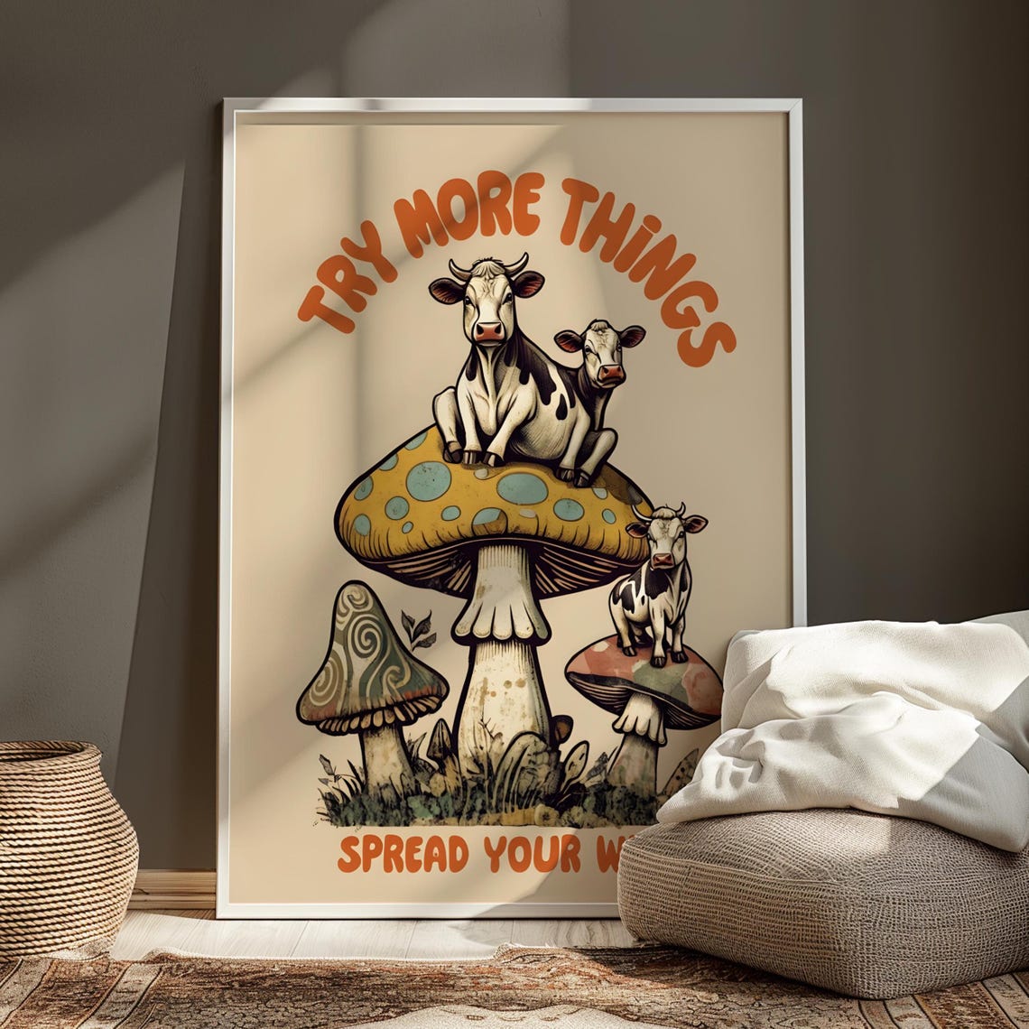 Highland Cows On Mushrooms Try More Things Inspirational Art Poster - Image 5