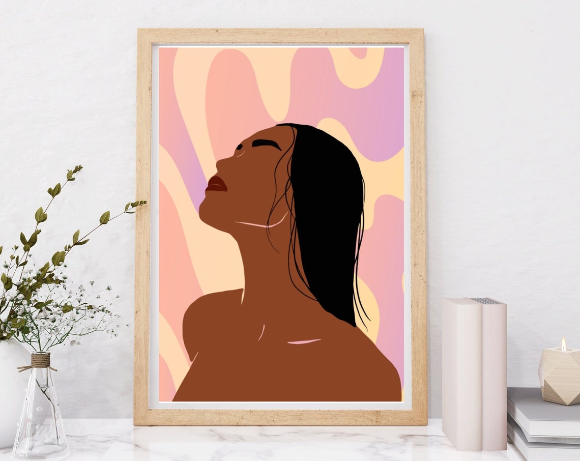 Dreamy Woman Looking Up Pastel Pink Waves Minimalist Art Poster