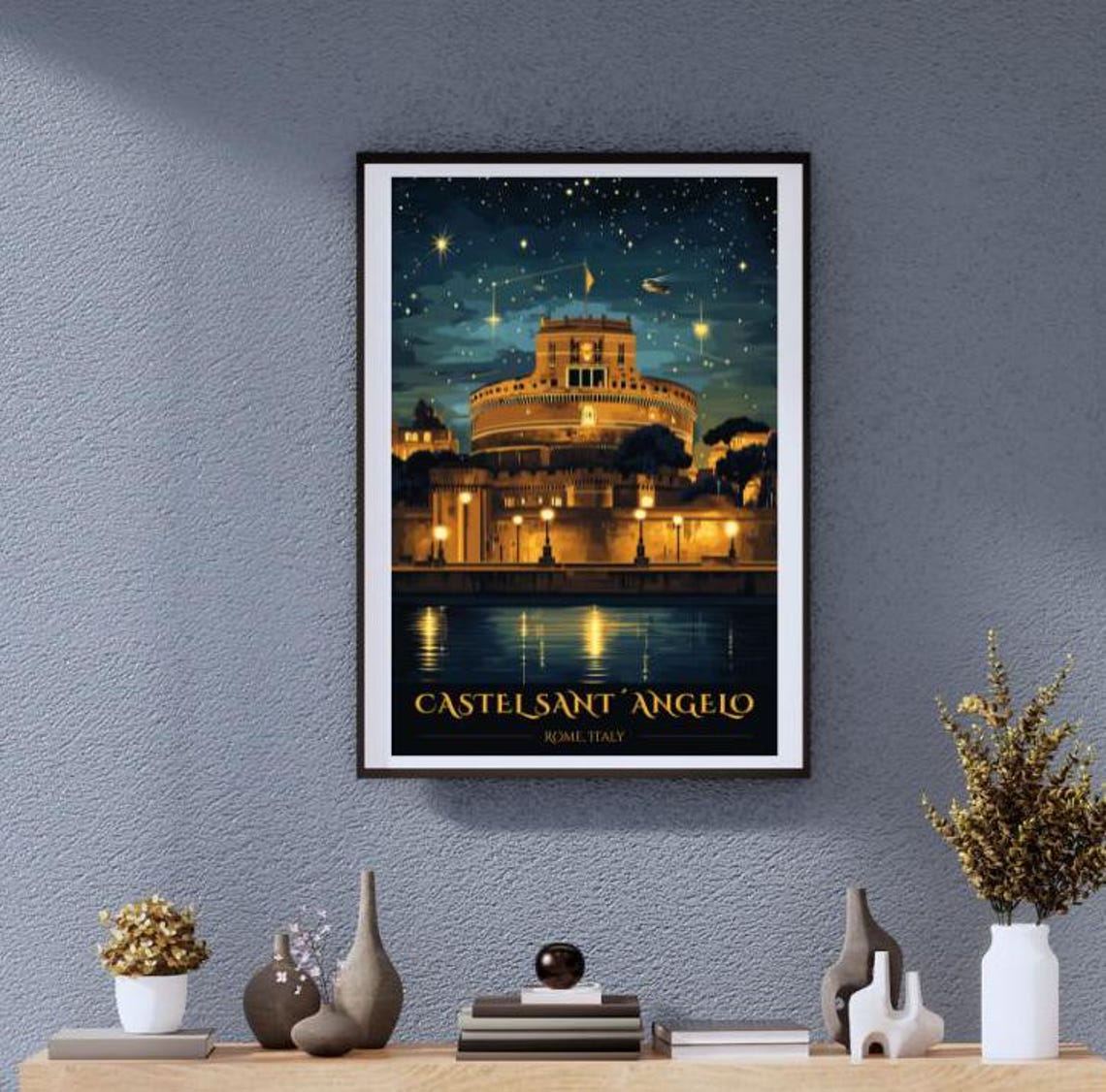 Magical Castel Sant'Angelo Rome Night Sky Vintage Travel Poster