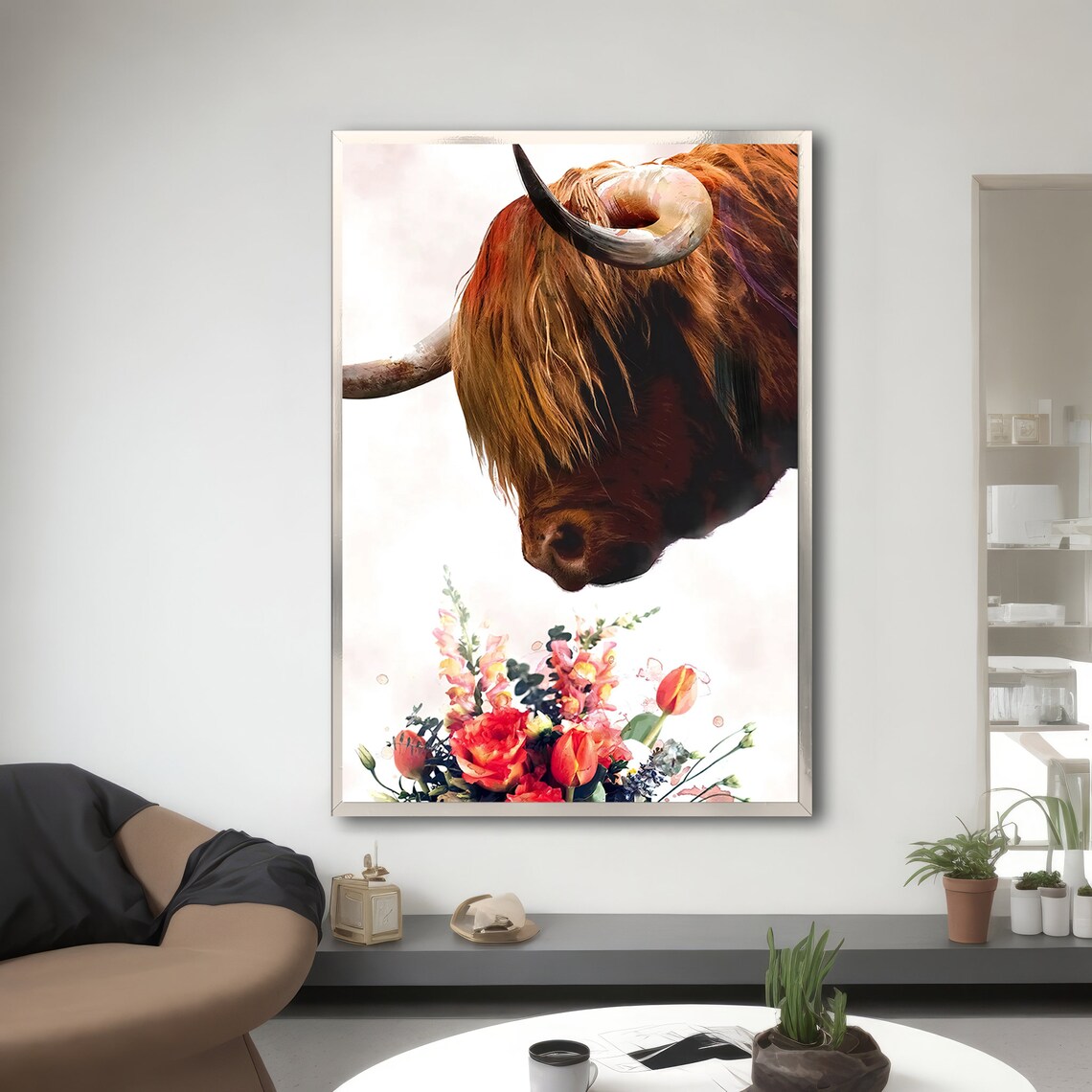 Highland Cow With Flowers Painting, Nature Gift - Image 3