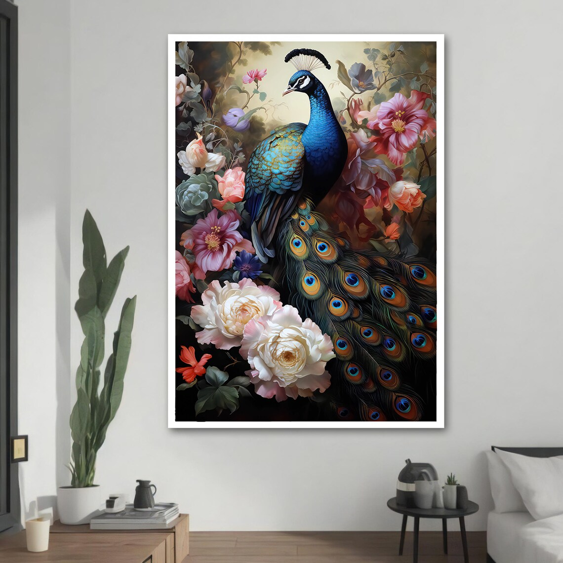 Peacock With Blooming Flowers, Elegant Animal Art - Image 2