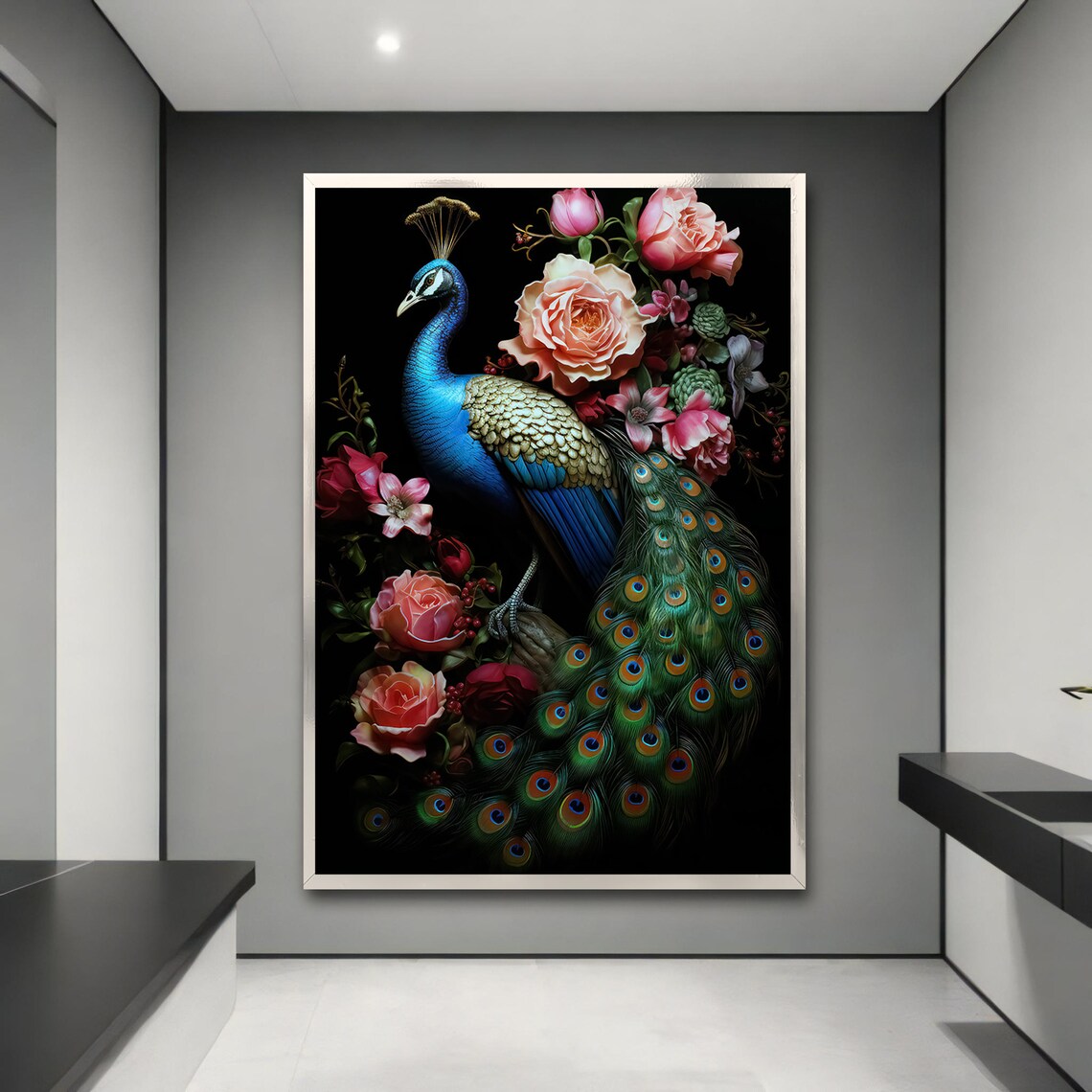 Regal Peacock Painting, Floral Animal Art - Image 3