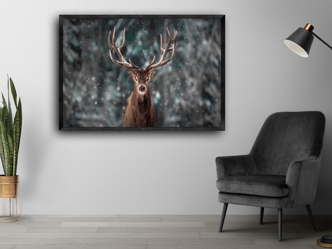 Majestic Stag In Winter, Rustic Nature Art Print - Image 2