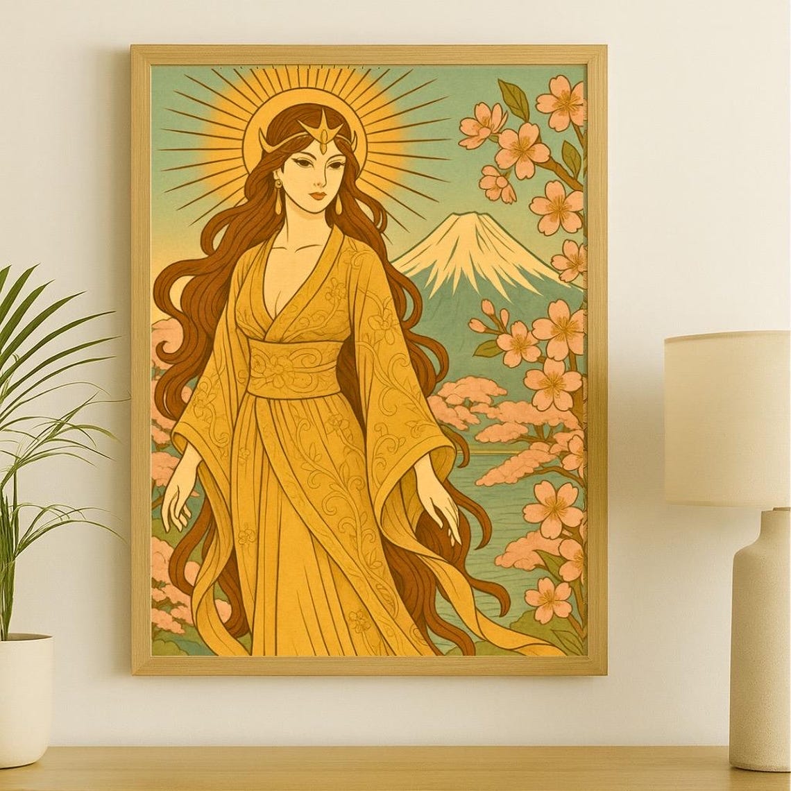 Amaterasu Japanese Sun Goddess Mount Fuji Cherry Blossom Poster