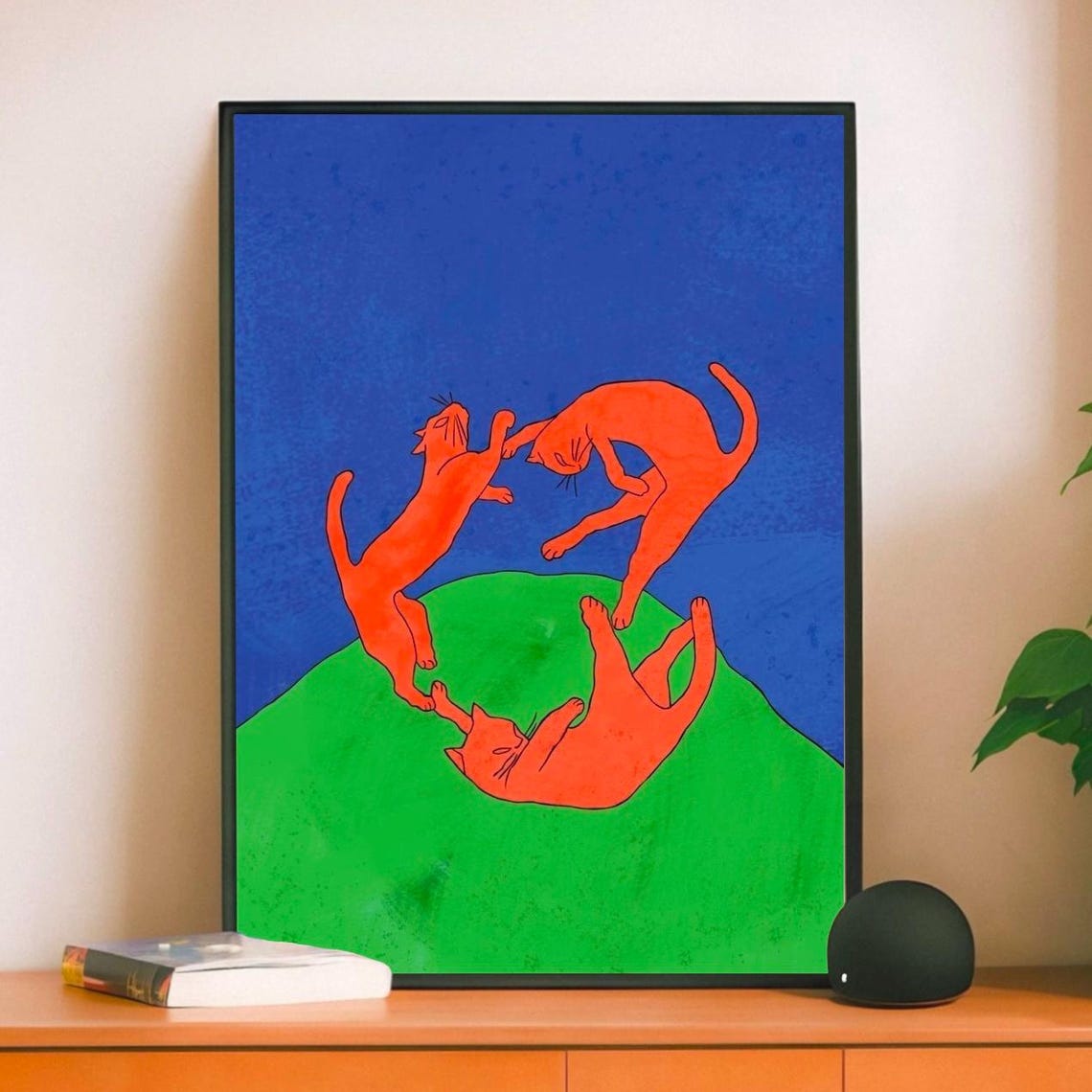 Happy Three Red Cats Playing Modern Folk Art Kitty Cat Poster