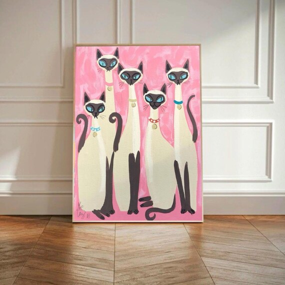Siamese Cat Wall Art Print Retro Pink Poster Whimsical Feline Illustration Cute Vintage Style Animal Decor For Lovers