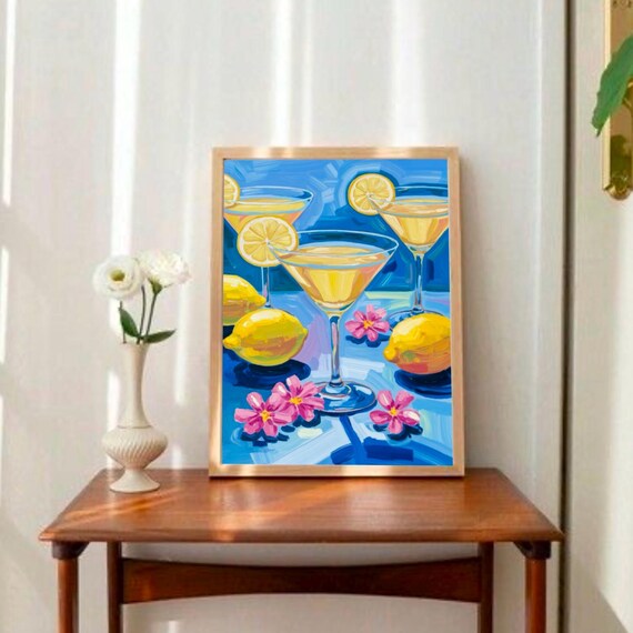 Lemon Cocktail Wall Art Print Vibrant Summer Kitchen Bar Decor Colorful Citrus Drink Painting Retro Style Poster Artwork