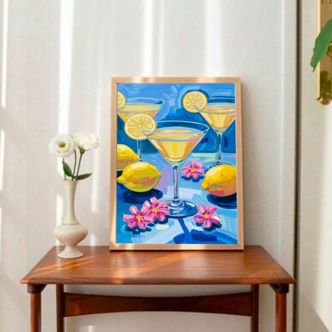 Lemon Martini Cocktail Glasses Summer Citrus Floral Blue Poster