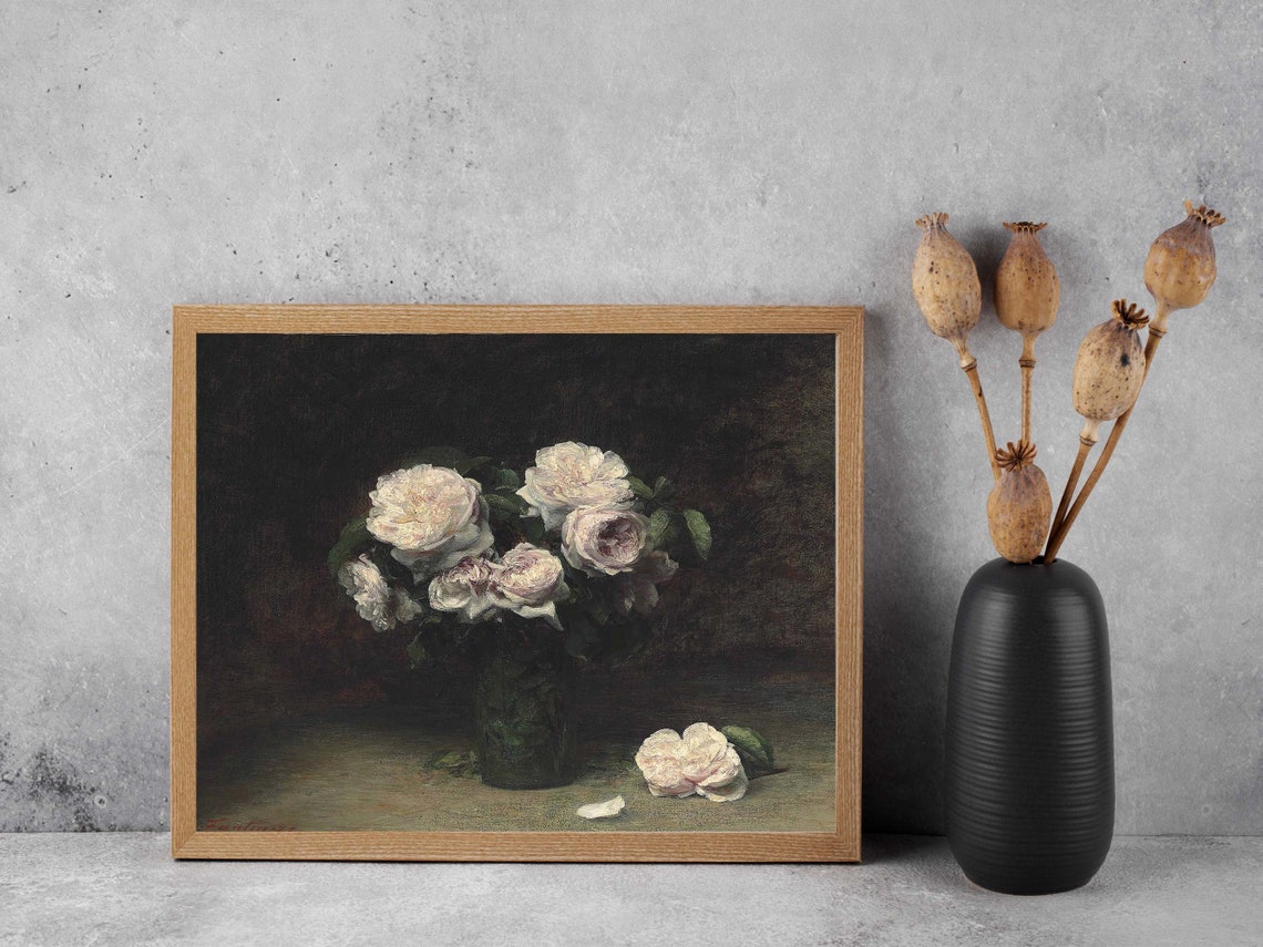 Moody Dark Roses Still Life White Pink Vintage Floral Painting Poster - Image 2