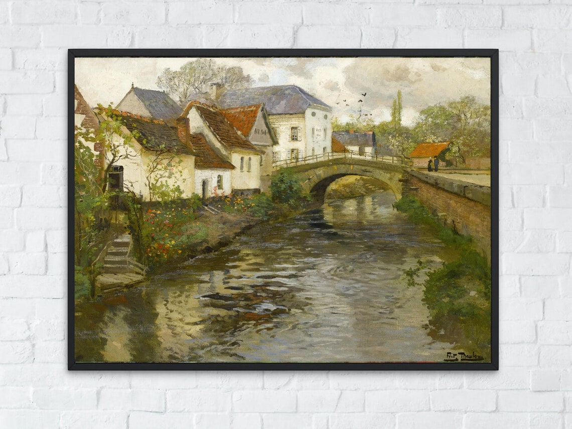 Village Stone Bridge Canal Tile Roofs Charming Impressionist Poster - Image 2