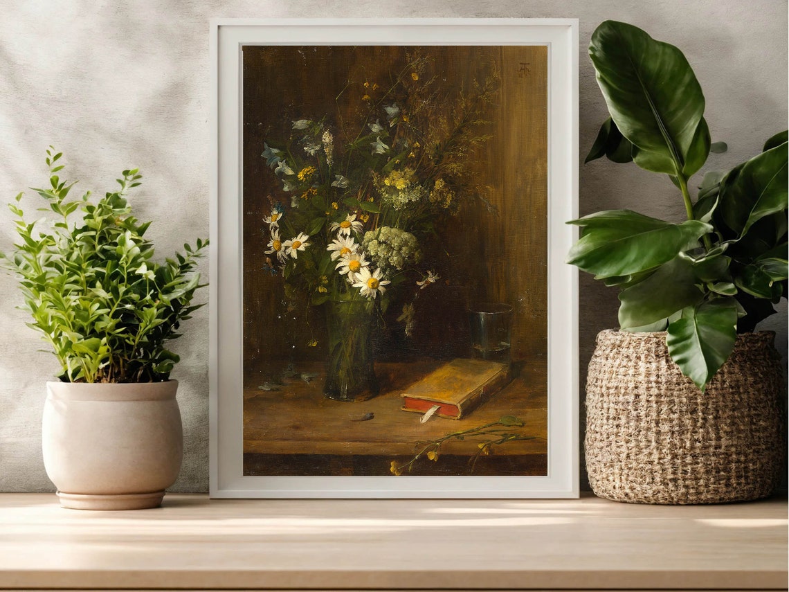 Vintage Wildflower Still Life Moody Daisies and Book Classic Print - Image 3