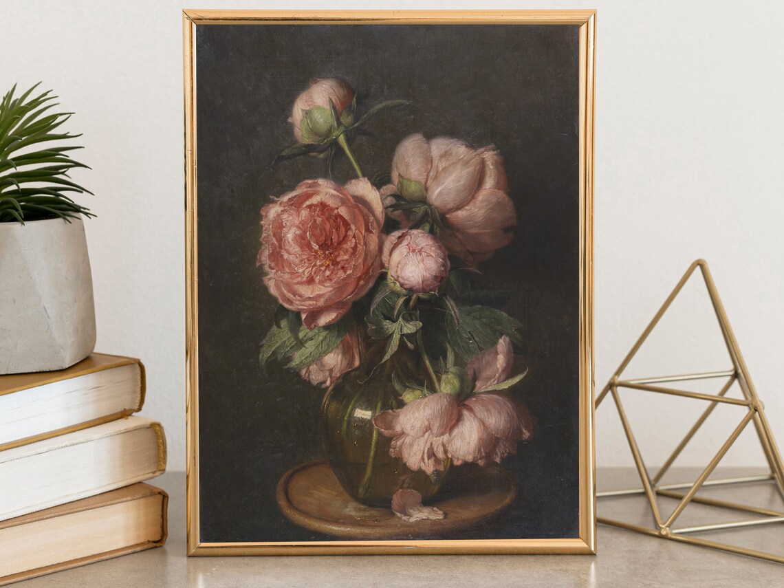 Pink Peonies Glass Vase Moody Dark Floral Still Life Classic Poster - Image 7