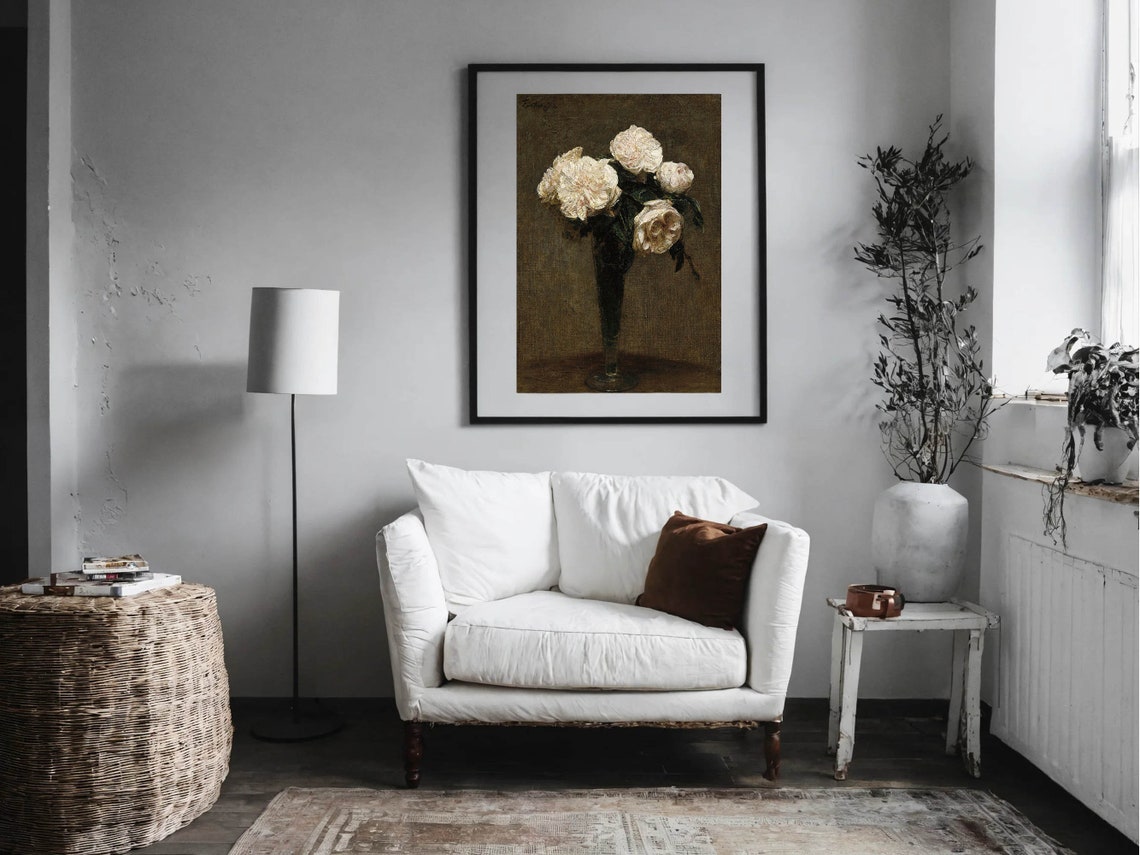 White Roses Tall Glass Vase Dark Background Vintage Floral Poster - Image 3