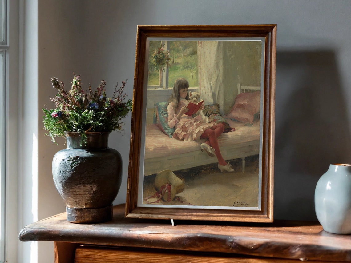 Victorian Girl Art Print Good Friends Vintage Portrait Painting Print Dog Print Nursery Print Wall Art - Image 4