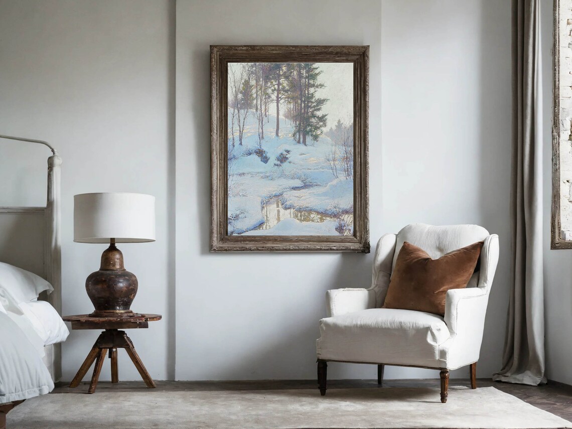 Snowy Pine Forest Stream Winter Landscape Impressionist Painting Poster - Image 2