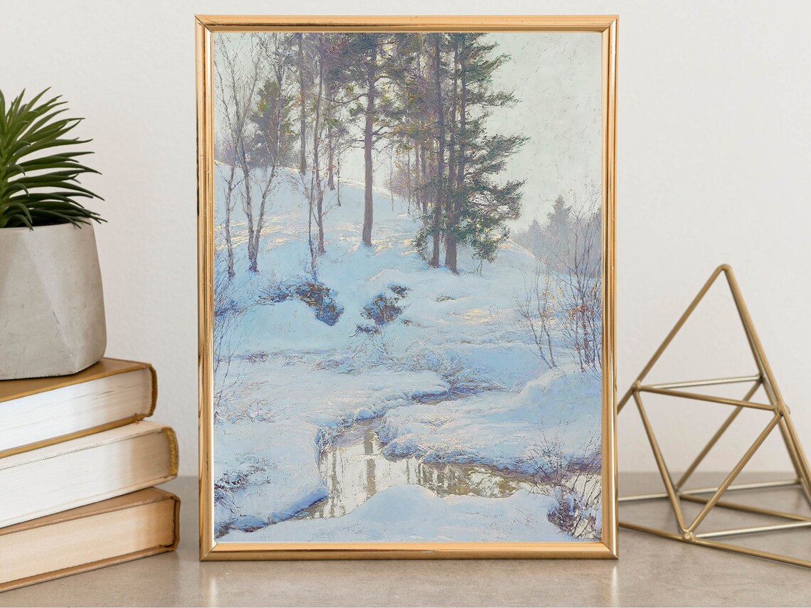 Snowy Pine Forest Stream Winter Landscape Impressionist Painting Poster