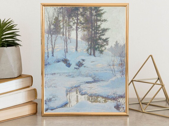 Snowy Pine Forest Stream Winter Landscape Impressionist Painting Poster