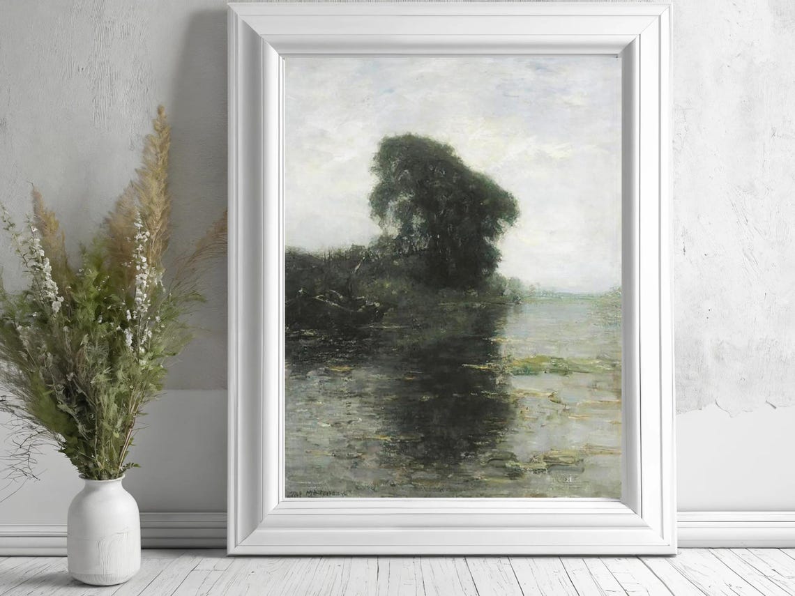 Vintage River Landscape Painting Muted Green Landscape Painting River Painting Green Foliage Vintage River Oil Painting Wall Art - Image 4
