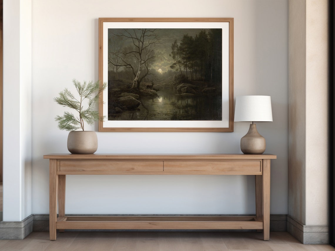 Moonlit Forest Pond Dark Nocturne Deer at Night Vintage Poster - Image 3