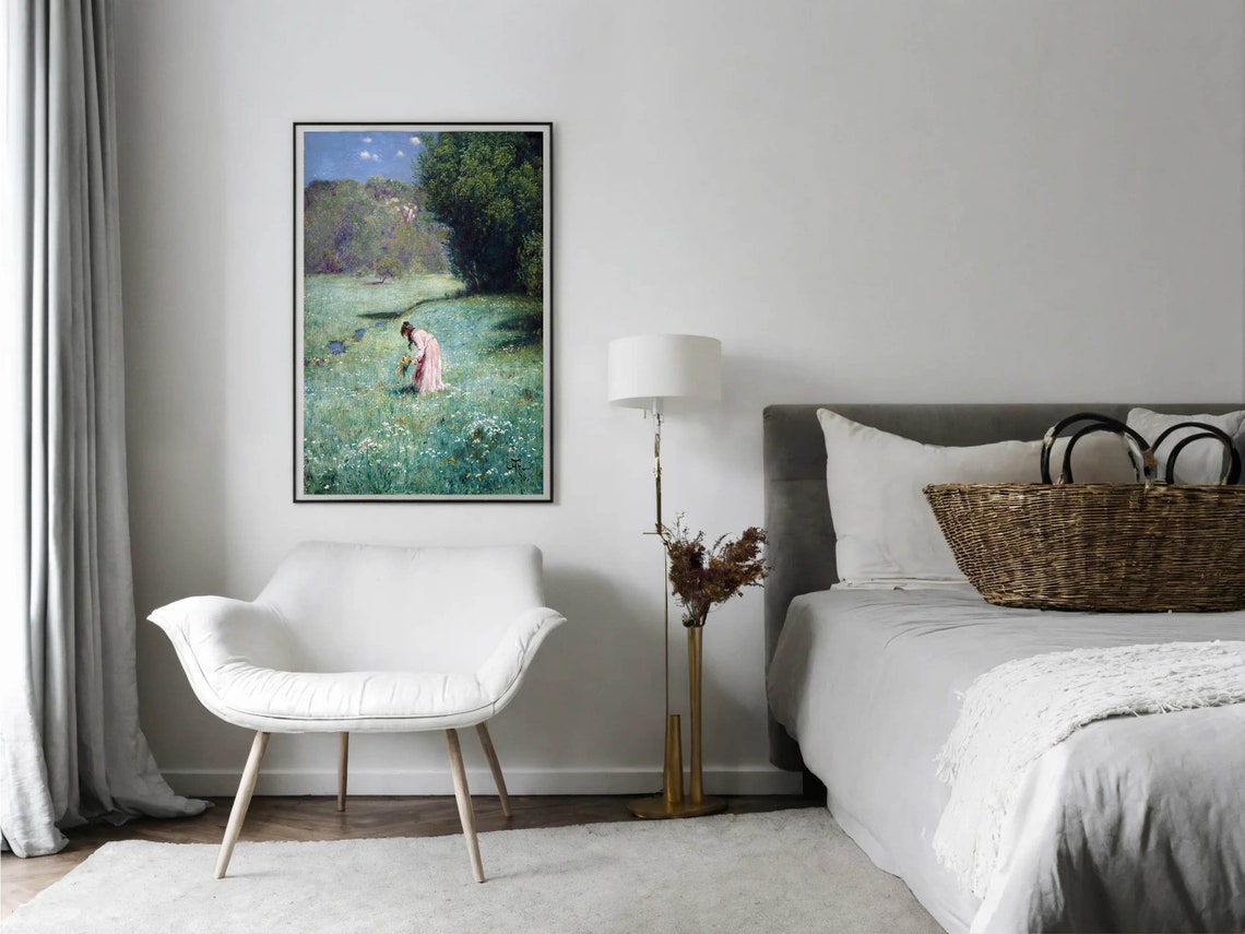 Woman Picking Wildflowers in Meadow Vintage Floral Classic Print - Image 7