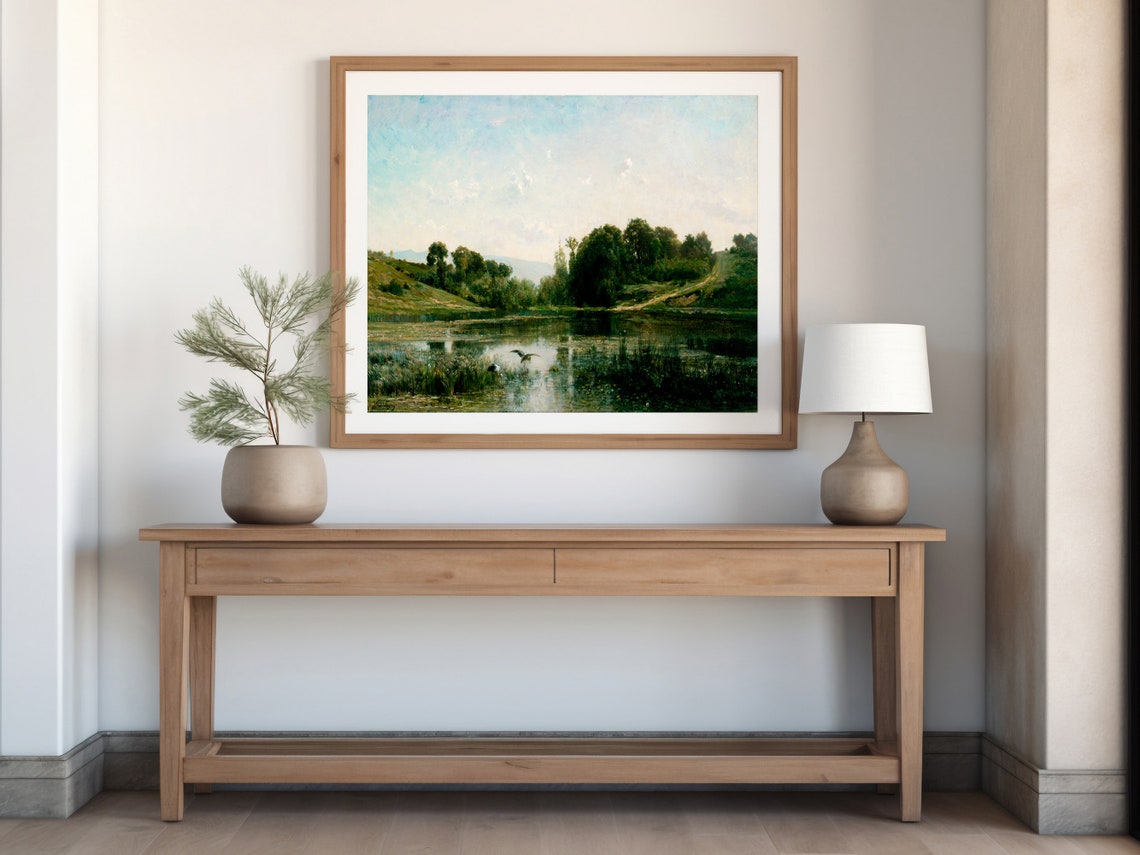 Muted Green Pond Landscape Vintage Countryside Bird Painting Poster - Image 6