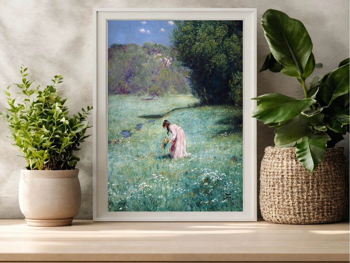 Woman Picking Wildflowers in Meadow Vintage Floral Classic Print