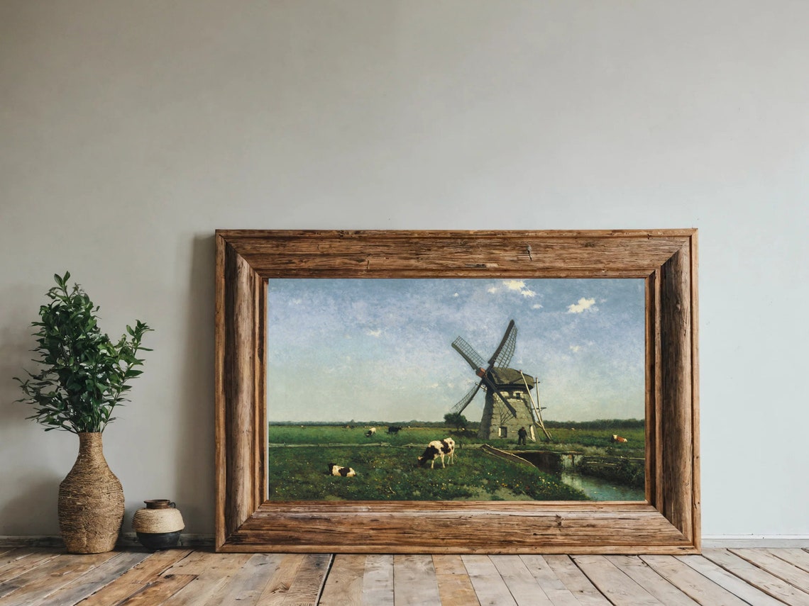 Dutch Windmill Cows Grazing Vintage Countryside Meadow Poster